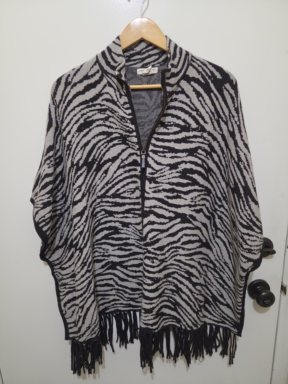 Christian Siriano Black and Gray Zebra-Print Fringe Zip Poncho Size S/M